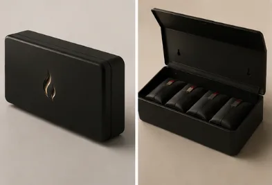 Protectionmask case, closed and opened to show four sealed masks